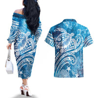 World Ocean Day Polynesian Pattern Couples Matching Off The Shoulder Long Sleeve Dress and Hawaiian Shirt Crystal Waves LT7 - Polynesian Pride