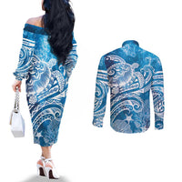 World Ocean Day Polynesian Pattern Couples Matching Off The Shoulder Long Sleeve Dress and Long Sleeve Button Shirt Crystal Waves LT7 - Polynesian Pride