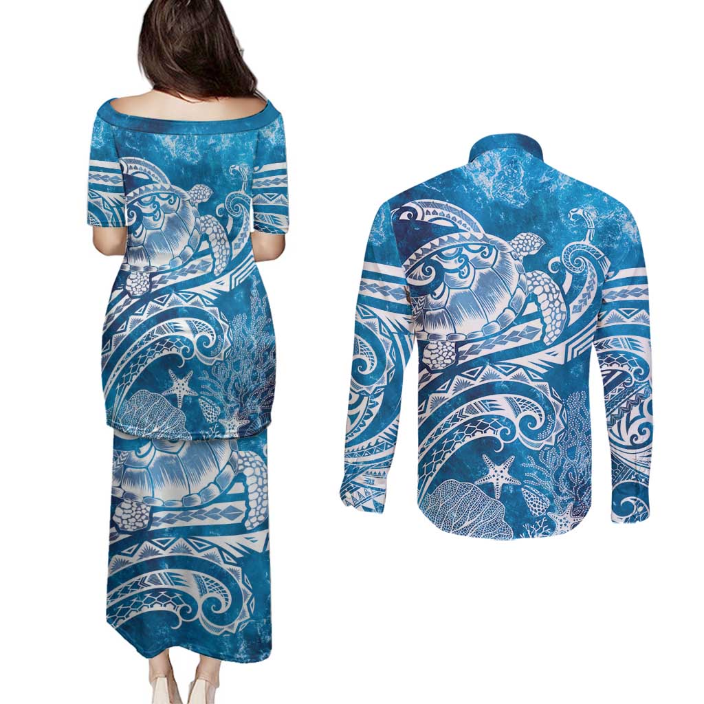 World Ocean Day Polynesian Pattern Couples Matching Puletasi and Long Sleeve Button Shirt Crystal Waves LT7 - Polynesian Pride