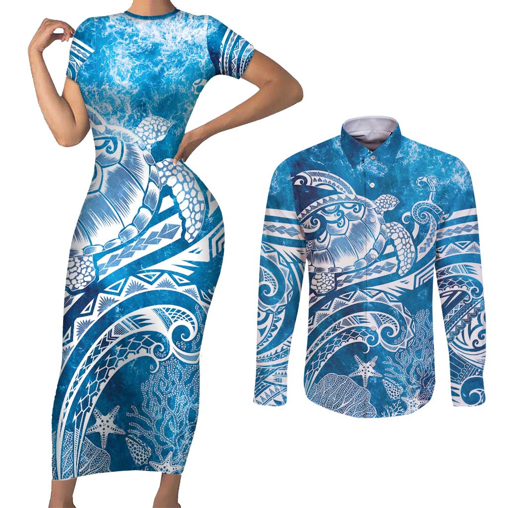 World Ocean Day Polynesian Pattern Couples Matching Short Sleeve Bodycon Dress and Long Sleeve Button Shirt Crystal Waves LT7 Blue - Polynesian Pride