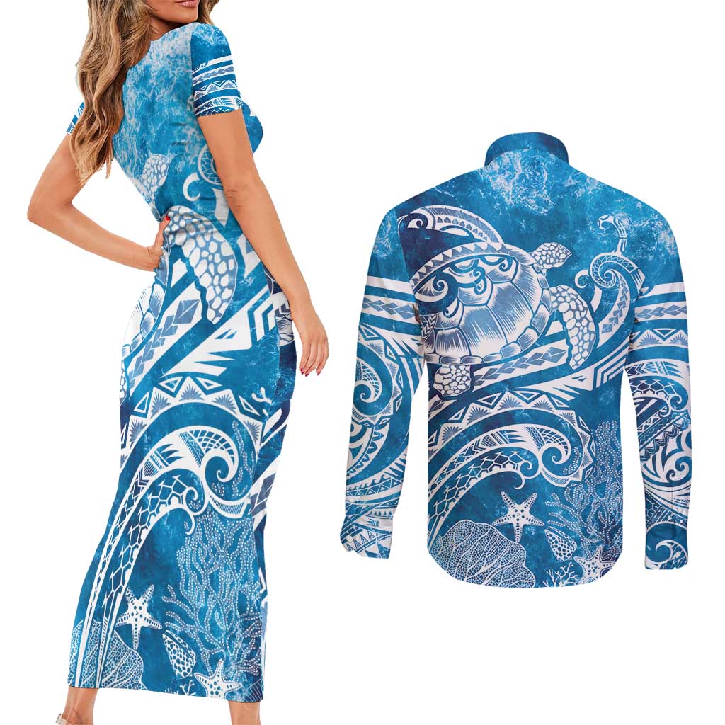 World Ocean Day Polynesian Pattern Couples Matching Short Sleeve Bodycon Dress and Long Sleeve Button Shirt Crystal Waves
