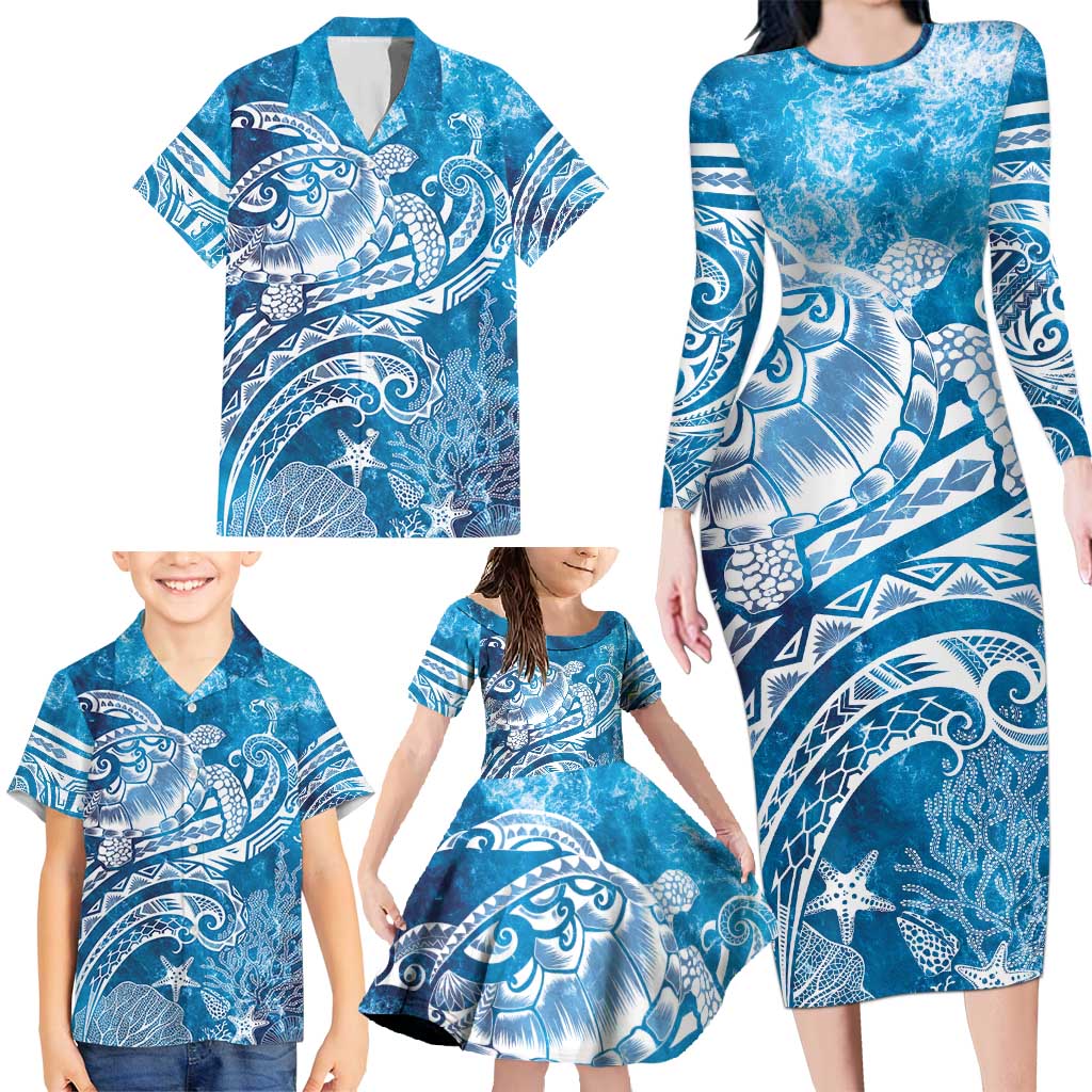 World Ocean Day Polynesian Pattern Family Matching Long Sleeve Bodycon Dress and Hawaiian Shirt Crystal Waves