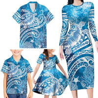World Ocean Day Polynesian Pattern Family Matching Long Sleeve Bodycon Dress and Hawaiian Shirt Crystal Waves