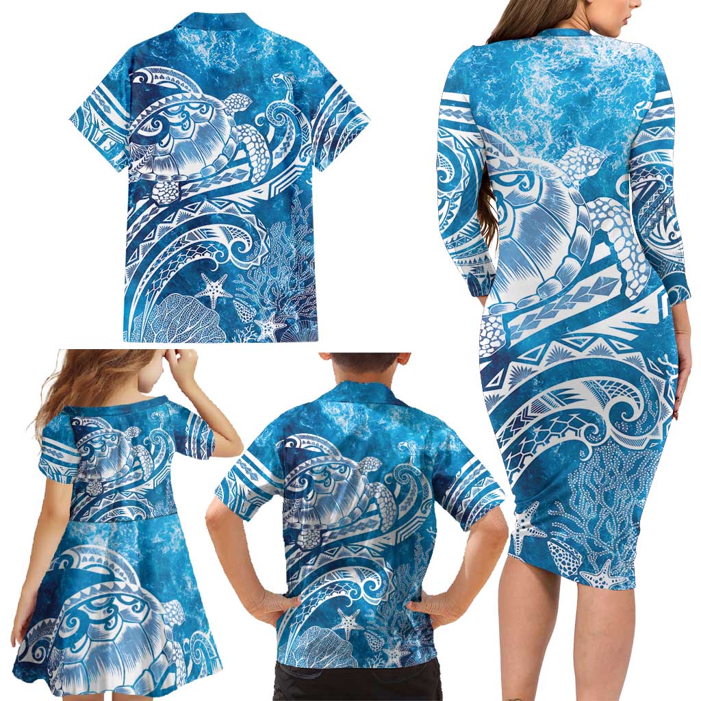 World Ocean Day Polynesian Pattern Family Matching Long Sleeve Bodycon Dress and Hawaiian Shirt Crystal Waves