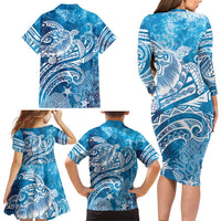 World Ocean Day Polynesian Pattern Family Matching Long Sleeve Bodycon Dress and Hawaiian Shirt Crystal Waves