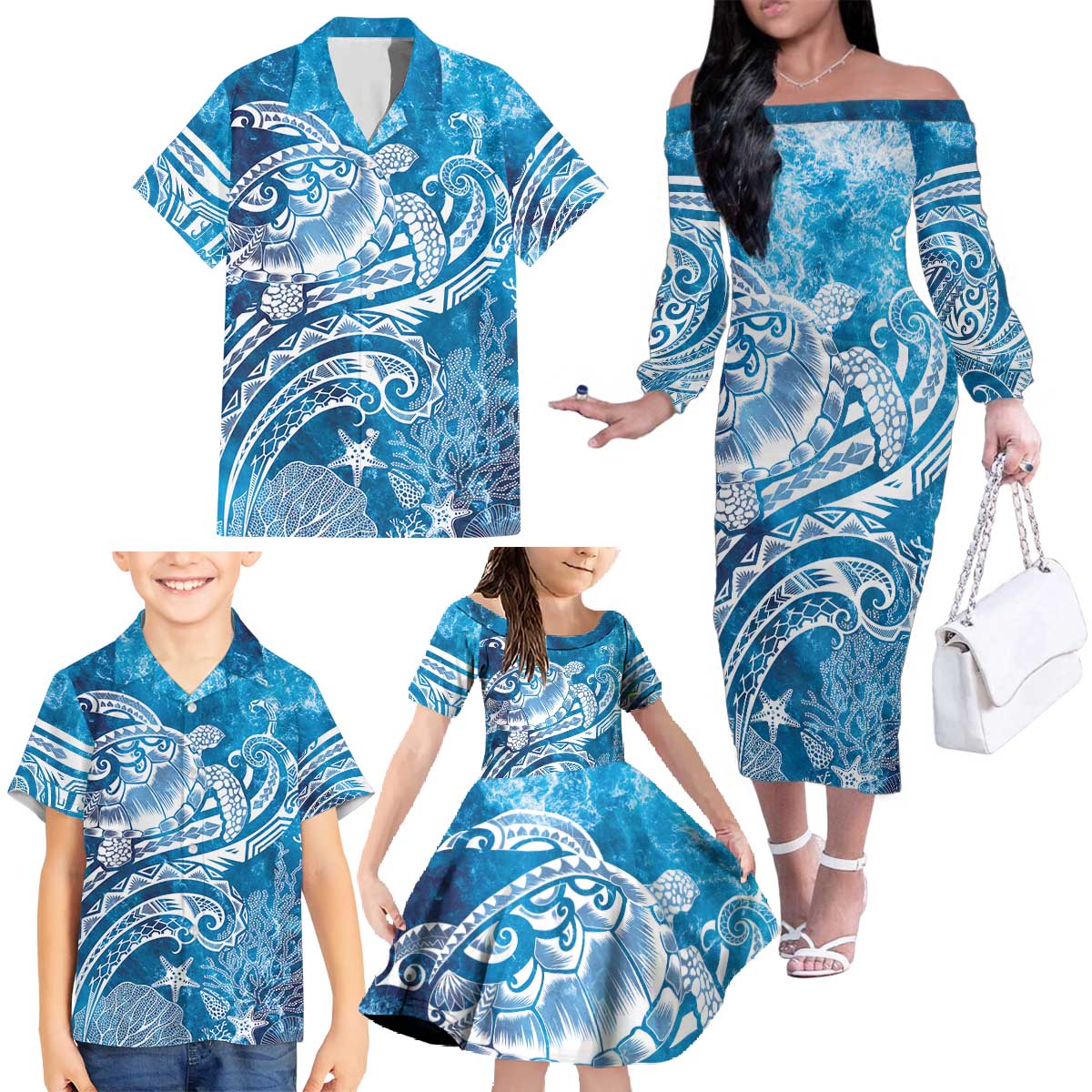 World Ocean Day Polynesian Pattern Family Matching Off The Shoulder Long Sleeve Dress and Hawaiian Shirt Crystal Waves
