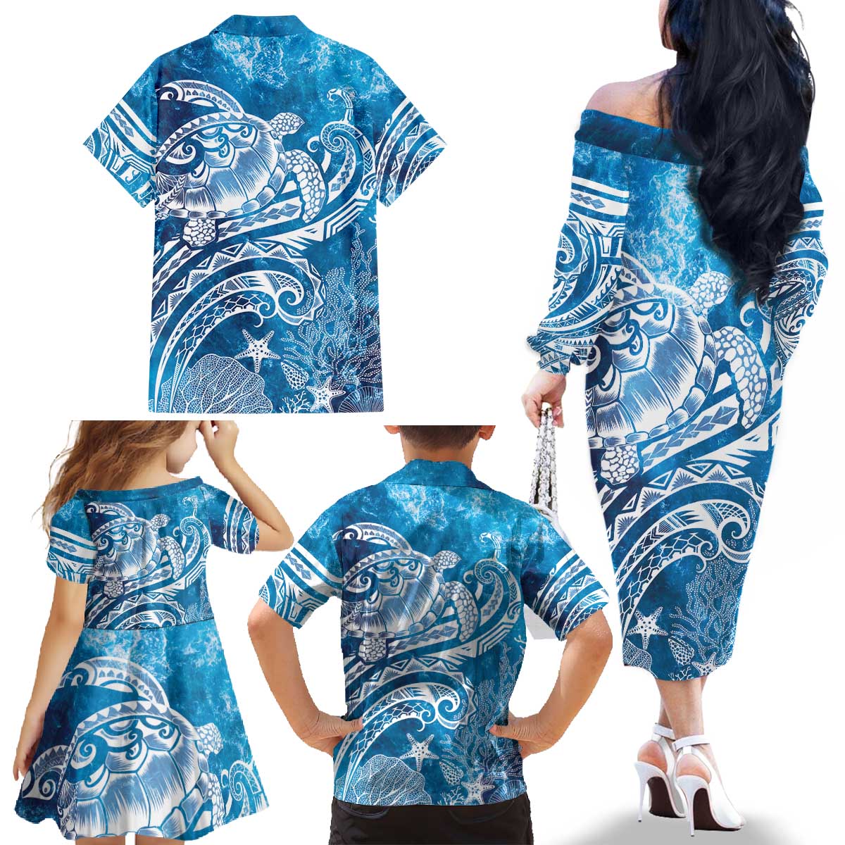 World Ocean Day Polynesian Pattern Family Matching Off The Shoulder Long Sleeve Dress and Hawaiian Shirt Crystal Waves