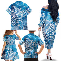 World Ocean Day Polynesian Pattern Family Matching Off The Shoulder Long Sleeve Dress and Hawaiian Shirt Crystal Waves