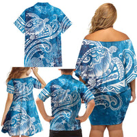 World Ocean Day Polynesian Pattern Family Matching Off Shoulder Short Dress and Hawaiian Shirt Crystal Waves