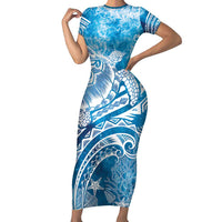 World Ocean Day Polynesian Pattern Family Matching Short Sleeve Bodycon Dress and Hawaiian Shirt Crystal Waves