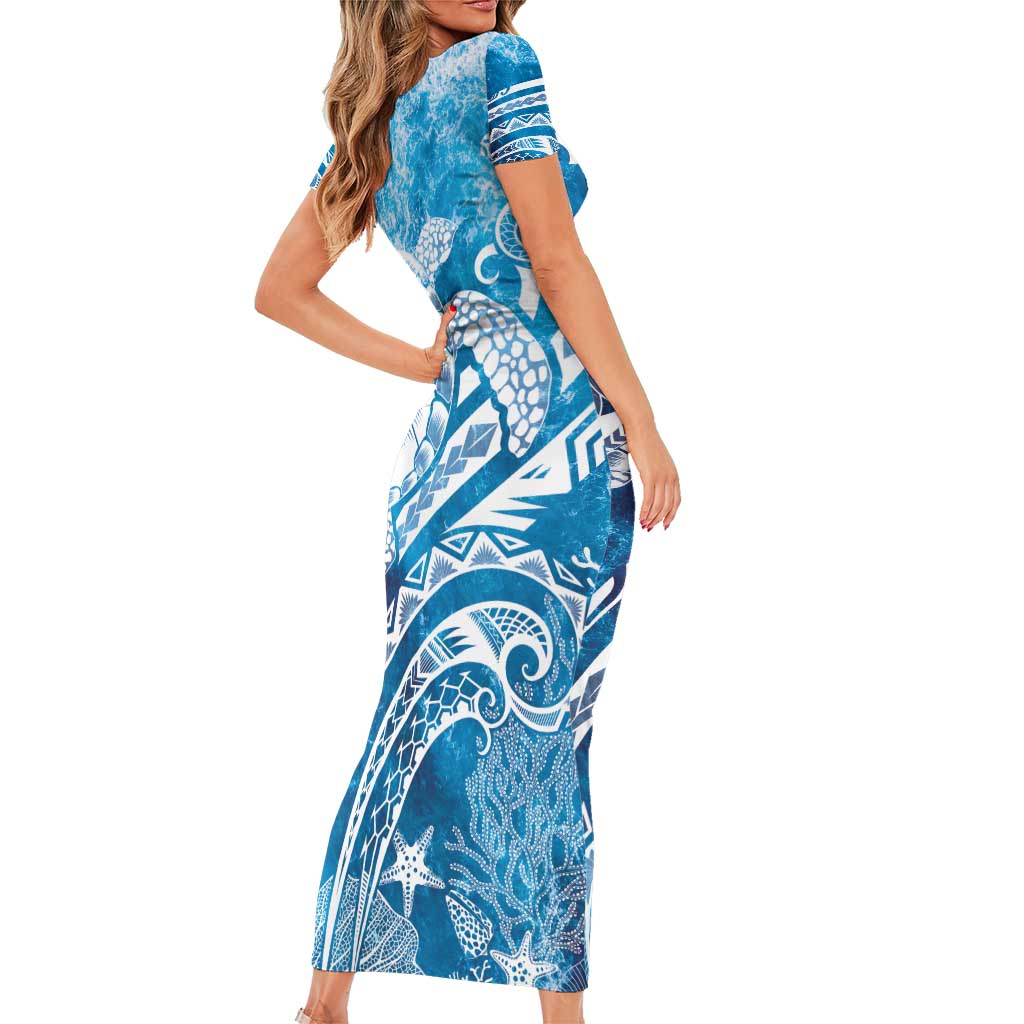 World Ocean Day Polynesian Pattern Family Matching Short Sleeve Bodycon Dress and Hawaiian Shirt Crystal Waves