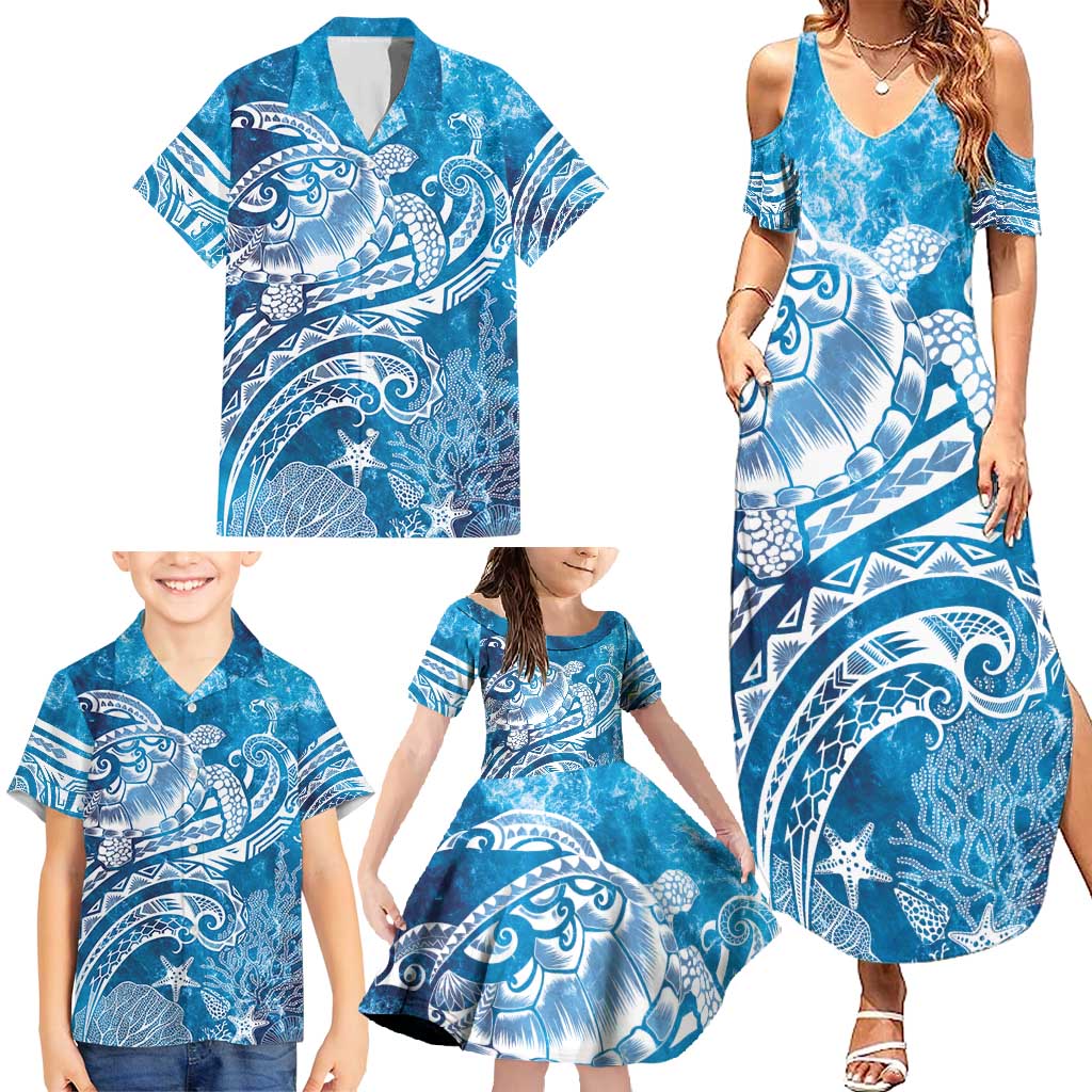 World Ocean Day Polynesian Pattern Family Matching Summer Maxi Dress and Hawaiian Shirt Crystal Waves