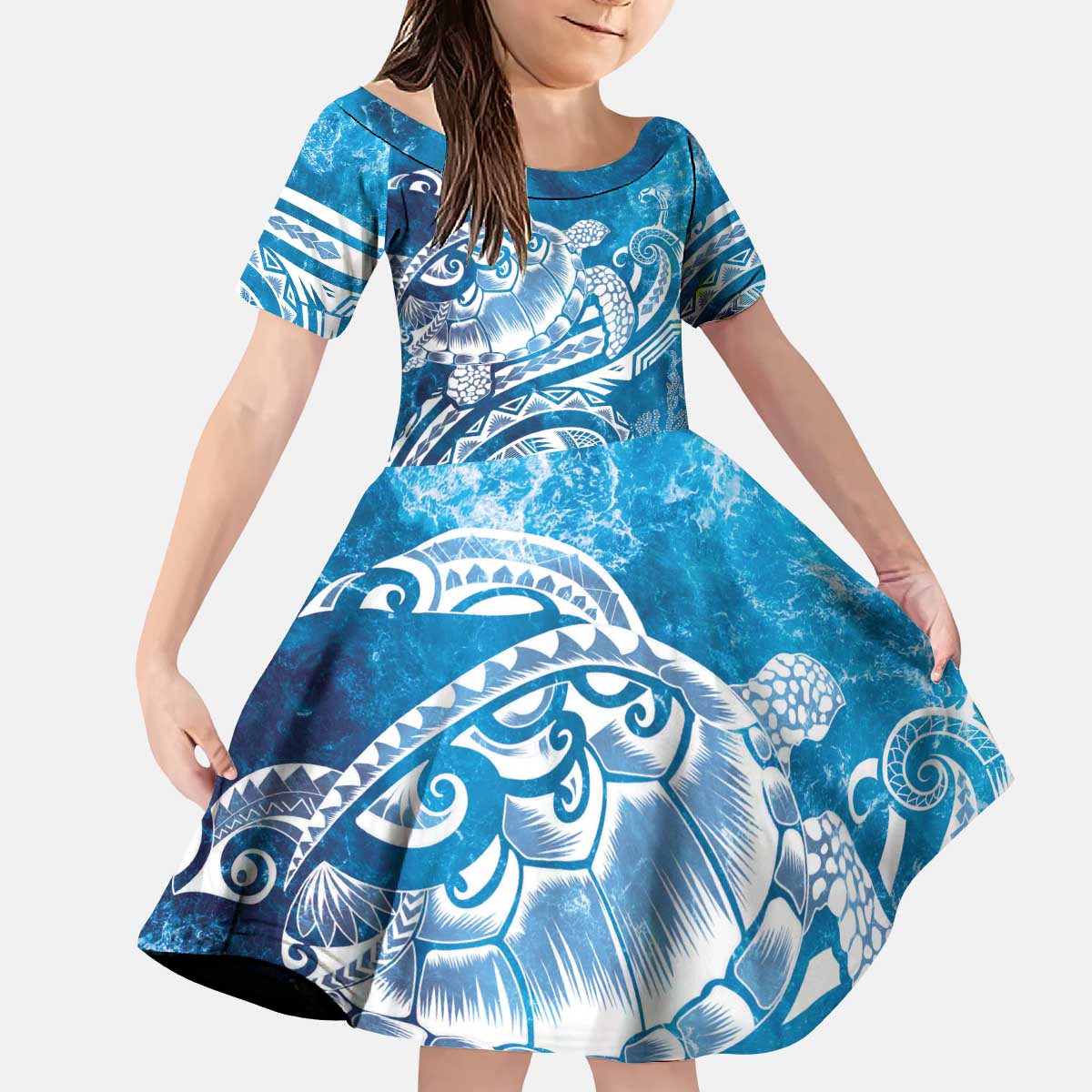 World Ocean Day Polynesian Pattern Kid Short Sleeve Dress Crystal Waves LT7 KID Blue - Polynesian Pride