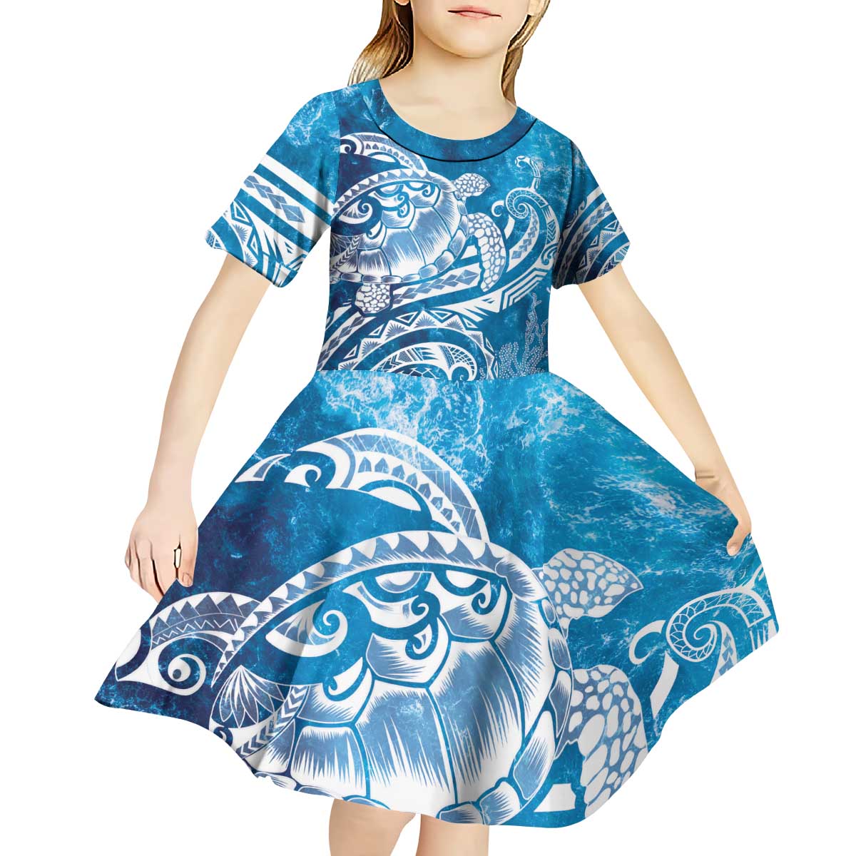 World Ocean Day Polynesian Pattern Kid Short Sleeve Dress Crystal Waves LT7 - Polynesian Pride
