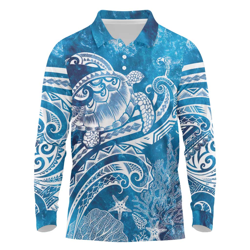 World Ocean Day Polynesian Pattern Long Sleeve Polo Shirt Crystal Waves