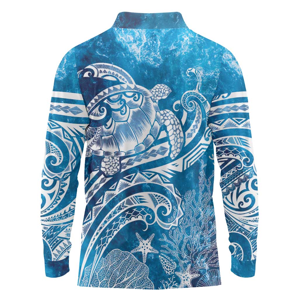 World Ocean Day Polynesian Pattern Long Sleeve Polo Shirt Crystal Waves