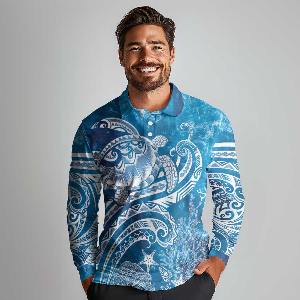 World Ocean Day Polynesian Pattern Long Sleeve Polo Shirt Crystal Waves