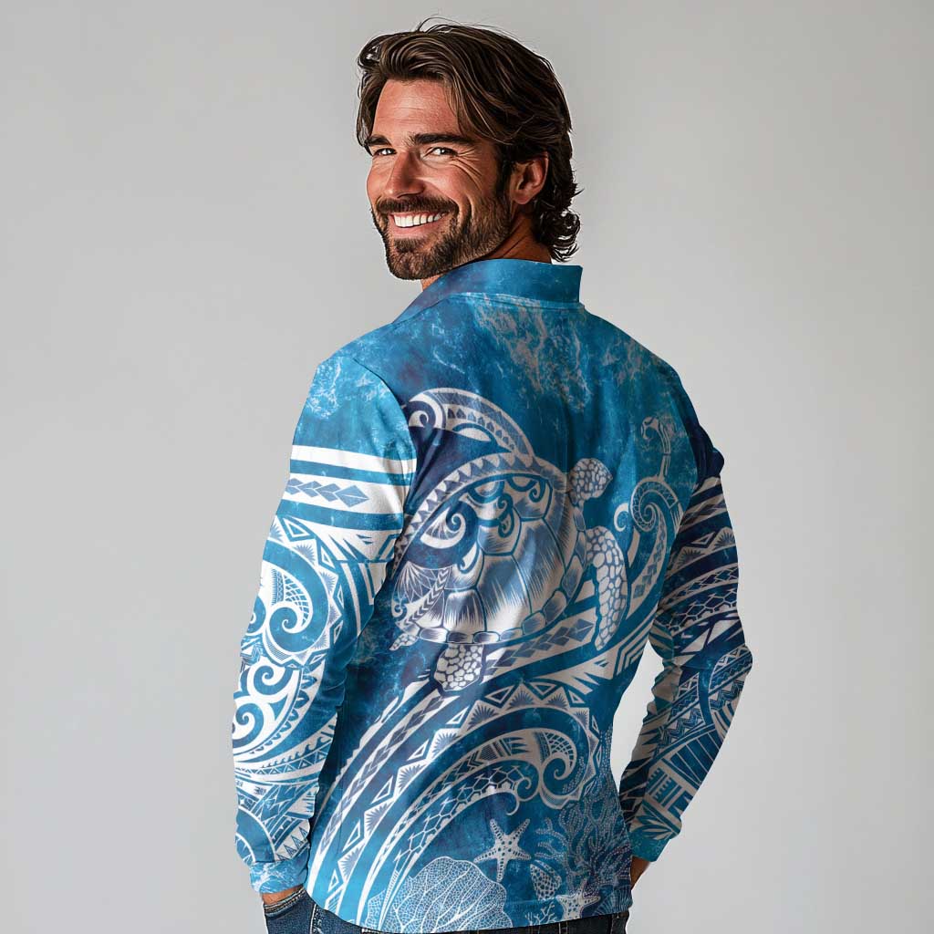 World Ocean Day Polynesian Pattern Long Sleeve Polo Shirt Crystal Waves
