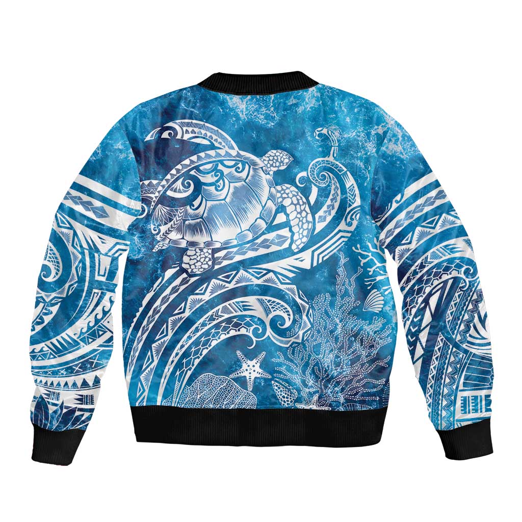 World Ocean Day Polynesian Pattern Sleeve Zip Bomber Jacket Crystal Waves