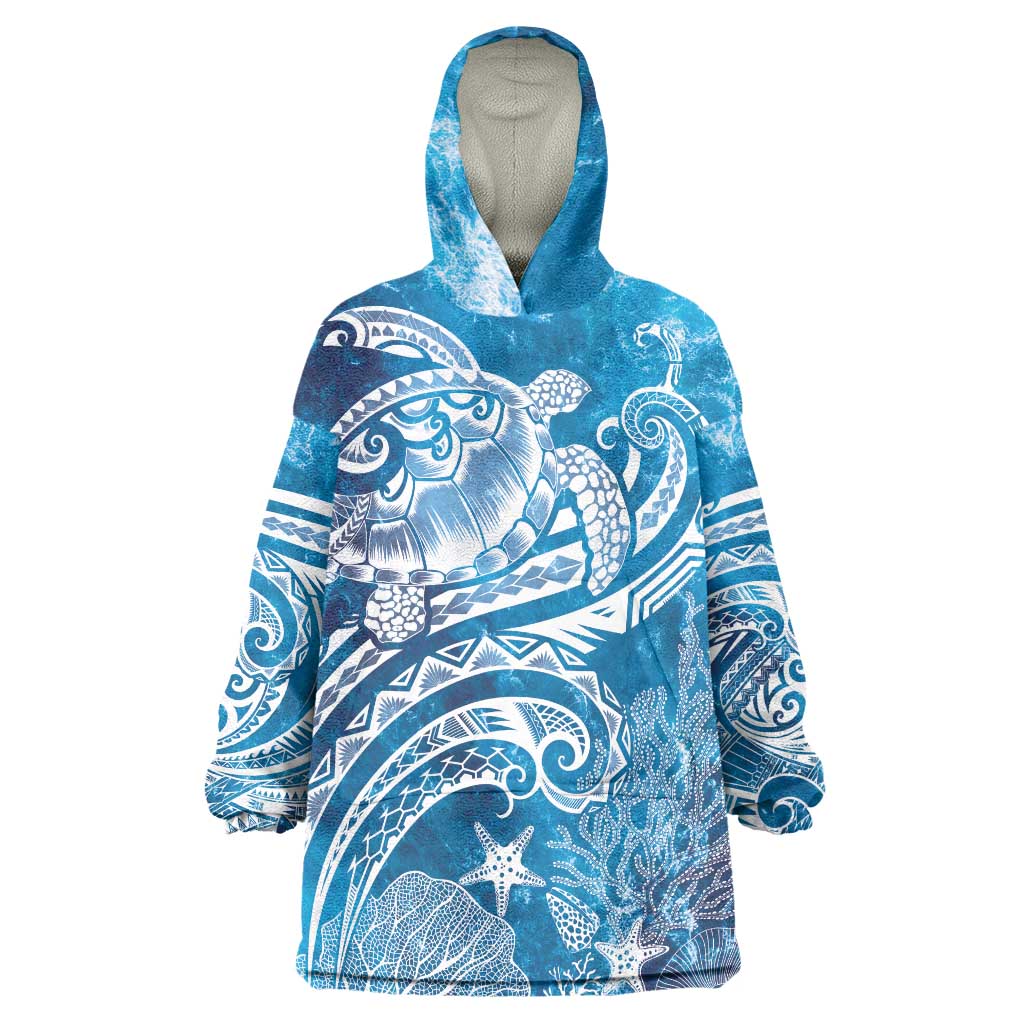 World Ocean Day Polynesian Pattern Wearable Blanket Hoodie Crystal Waves LT7 One Size Blue - Polynesian Pride