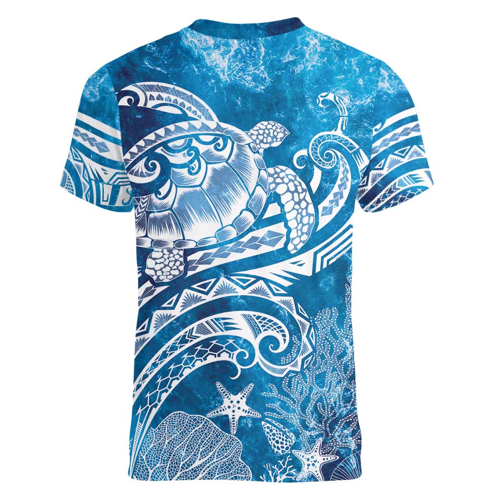 World Ocean Day Polynesian Pattern Women V-Neck T-Shirt Crystal Waves