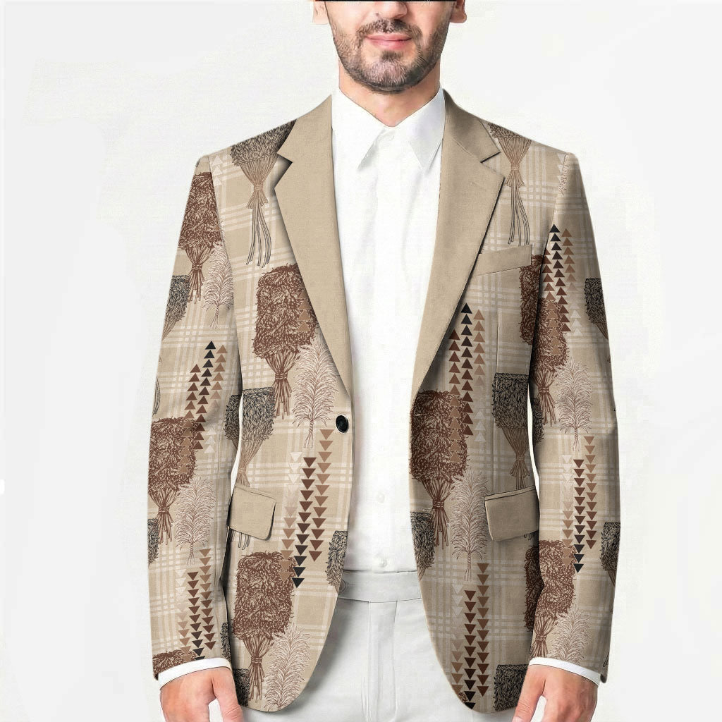 Aloha Hawaii Vintage Kahili Pa'a Lima Blazer Palaka Print Cozy Beige