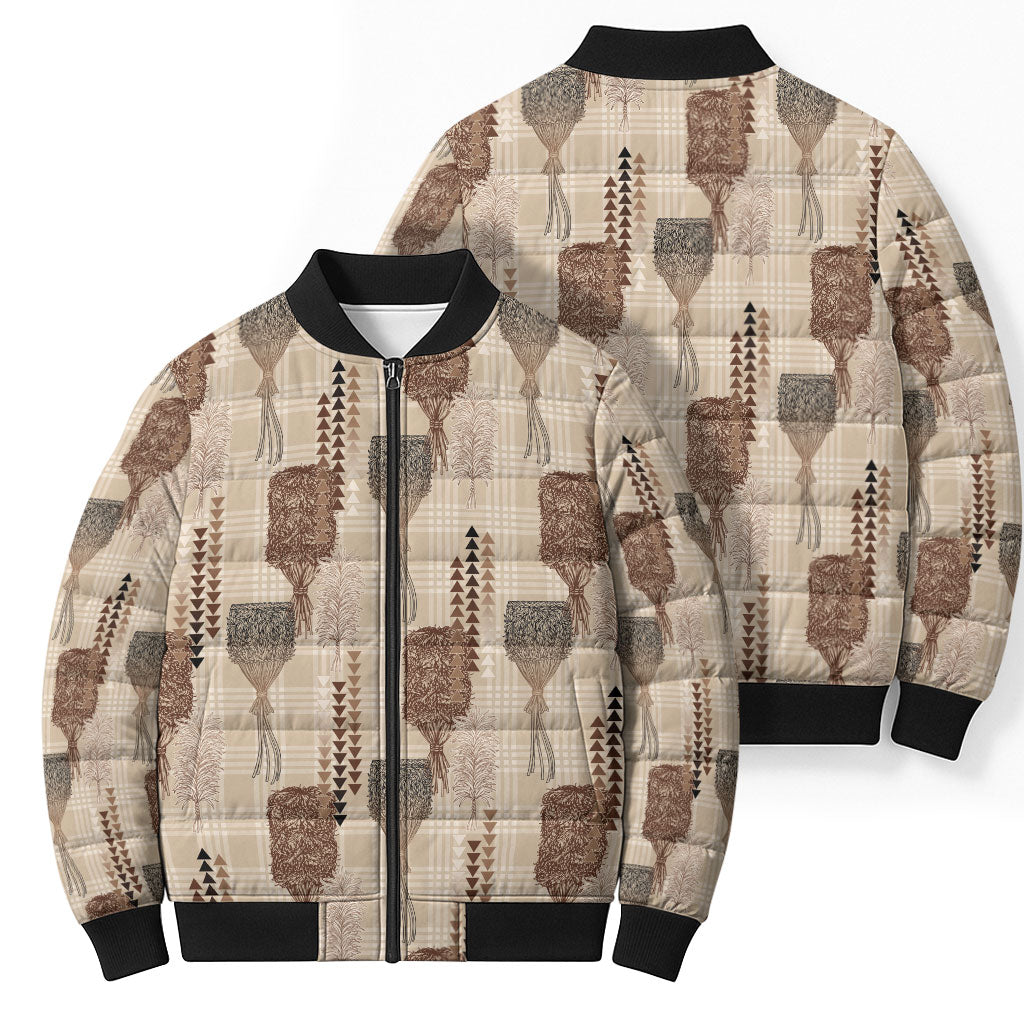 Aloha Hawaii Vintage Kahili Pa'a Lima Bomber Puffer Jacket Palaka Print Cozy Beige