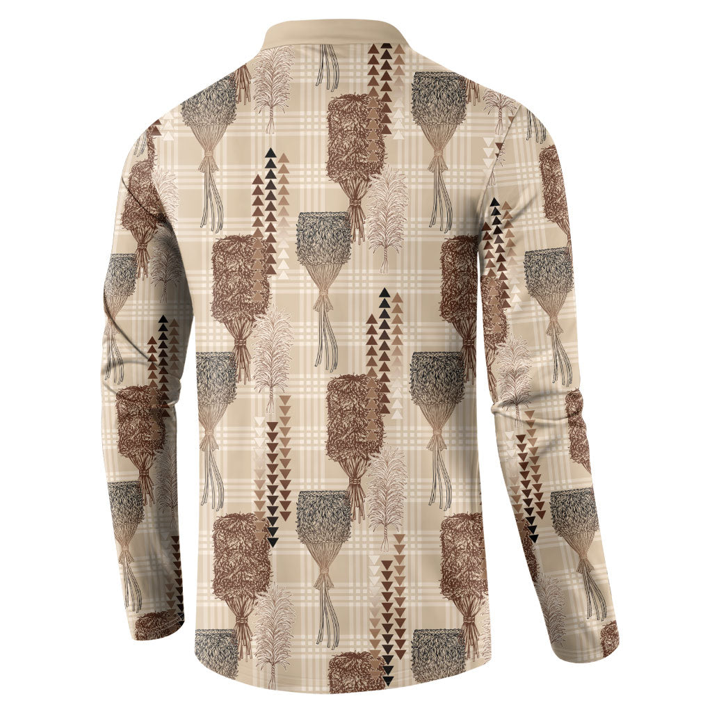 Aloha Hawaii Vintage Kahili Pa'a Lima Button Sweatshirt Palaka Print Cozy Beige