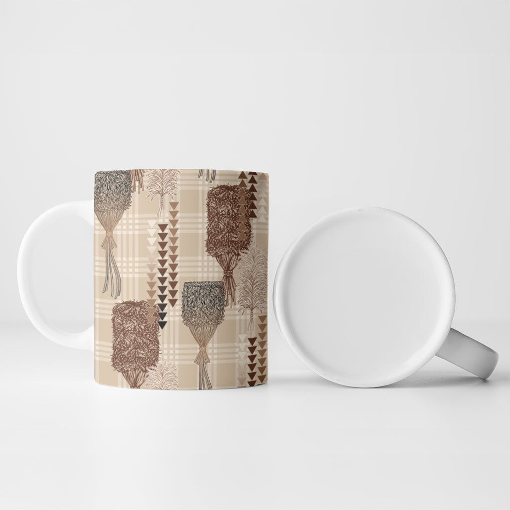 Aloha Hawaii Vintage Kahili Pa'a Lima Ceramic Mug Palaka Print Cozy Beige