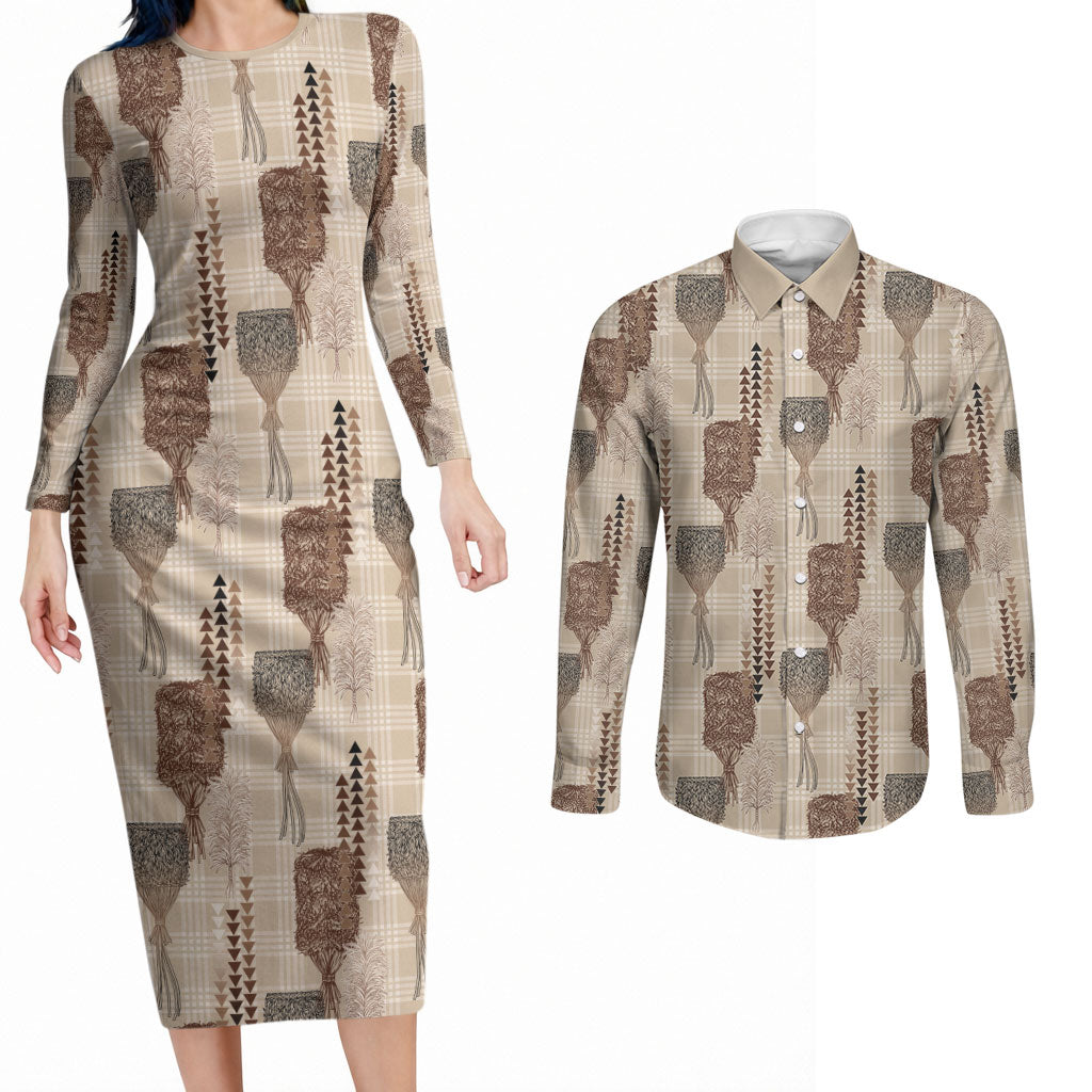 Aloha Hawaii Vintage Kahili Pa'a Lima Couples Matching Long Sleeve Bodycon Dress and Long Sleeve Button Shirt Palaka Print Cozy Beige