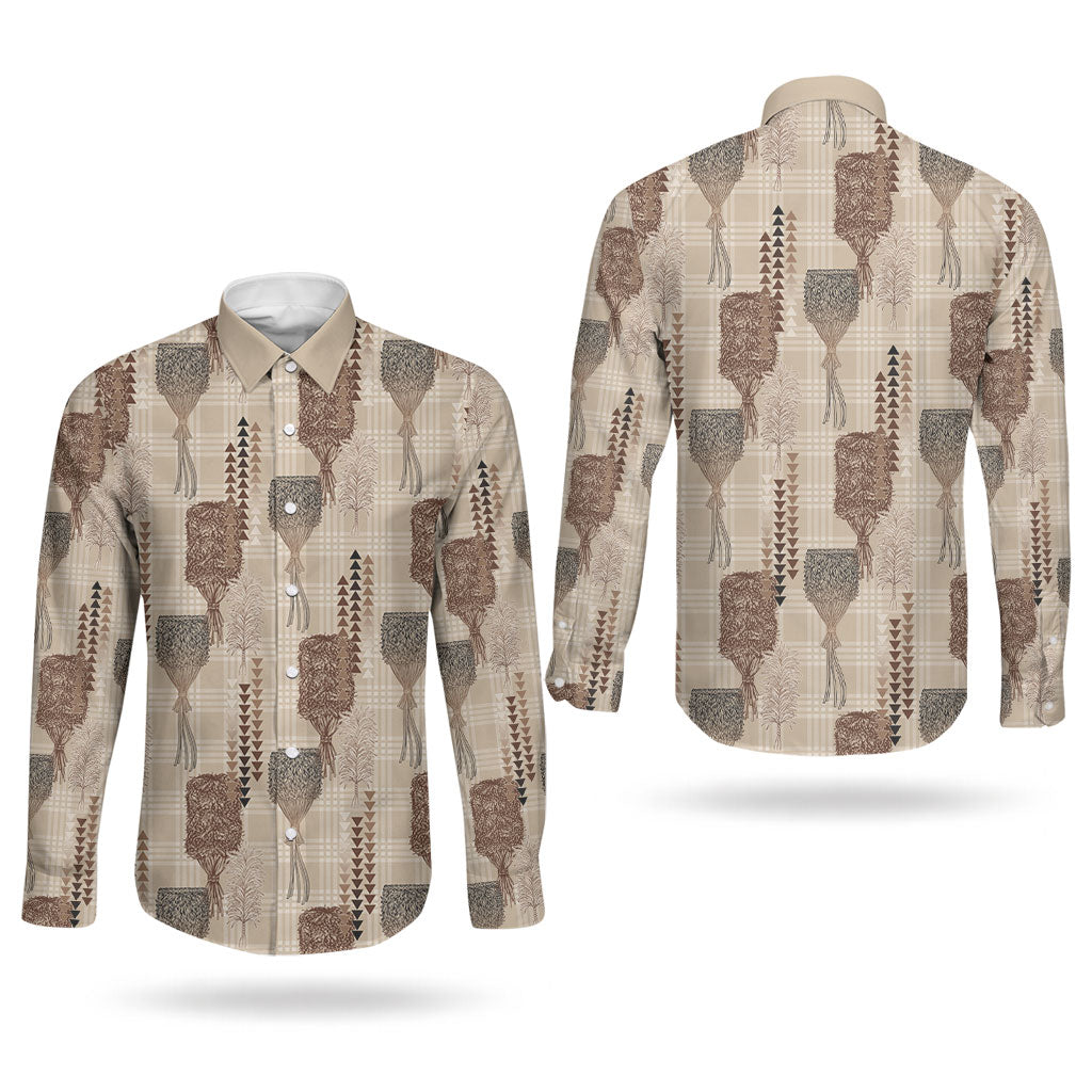 Aloha Hawaii Vintage Kahili Pa'a Lima Couples Matching Off Shoulder Short Dress and Long Sleeve Button Shirt Palaka Print Cozy Beige