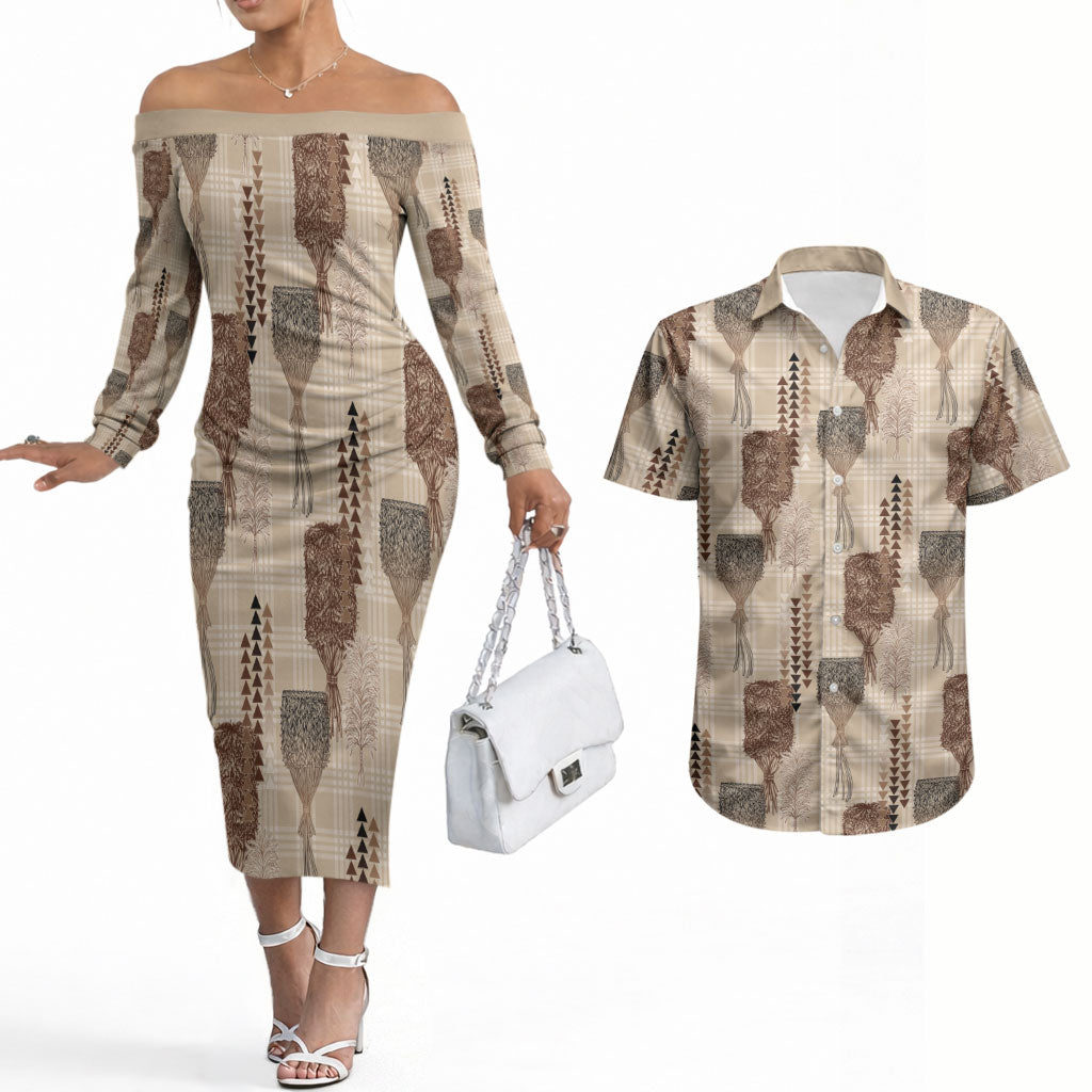 Aloha Hawaii Vintage Kahili Pa'a Lima Couples Matching Off The Shoulder Long Sleeve Dress and Hawaiian Shirt Palaka Print Cozy Beige
