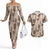 Aloha Hawaii Vintage Kahili Pa'a Lima Couples Matching Off The Shoulder Long Sleeve Dress and Hawaiian Shirt Palaka Print Cozy Beige