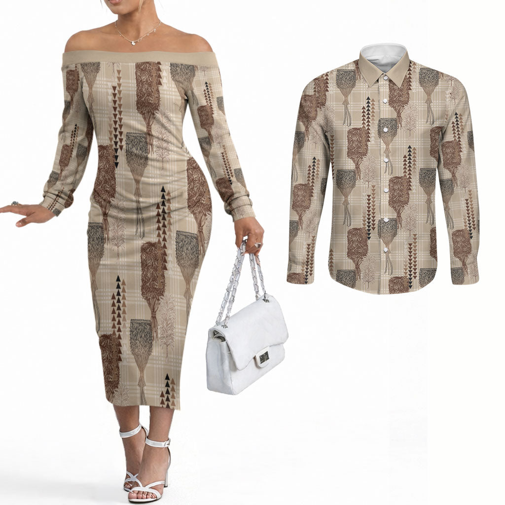 Aloha Hawaii Vintage Kahili Pa'a Lima Couples Matching Off The Shoulder Long Sleeve Dress and Long Sleeve Button Shirt Palaka Print Cozy Beige