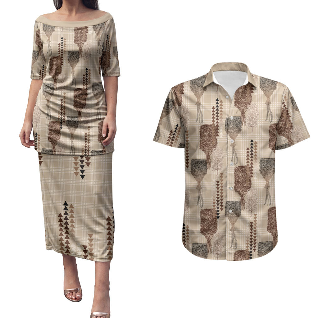 Aloha Hawaii Vintage Kahili Pa'a Lima Couples Matching Puletasi and Hawaiian Shirt Palaka Print Cozy Beige
