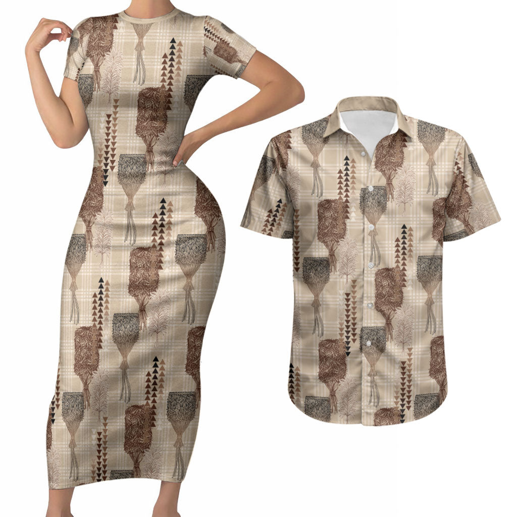 Aloha Hawaii Vintage Kahili Pa'a Lima Couples Matching Short Sleeve Bodycon Dress and Hawaiian Shirt Palaka Print Cozy Beige