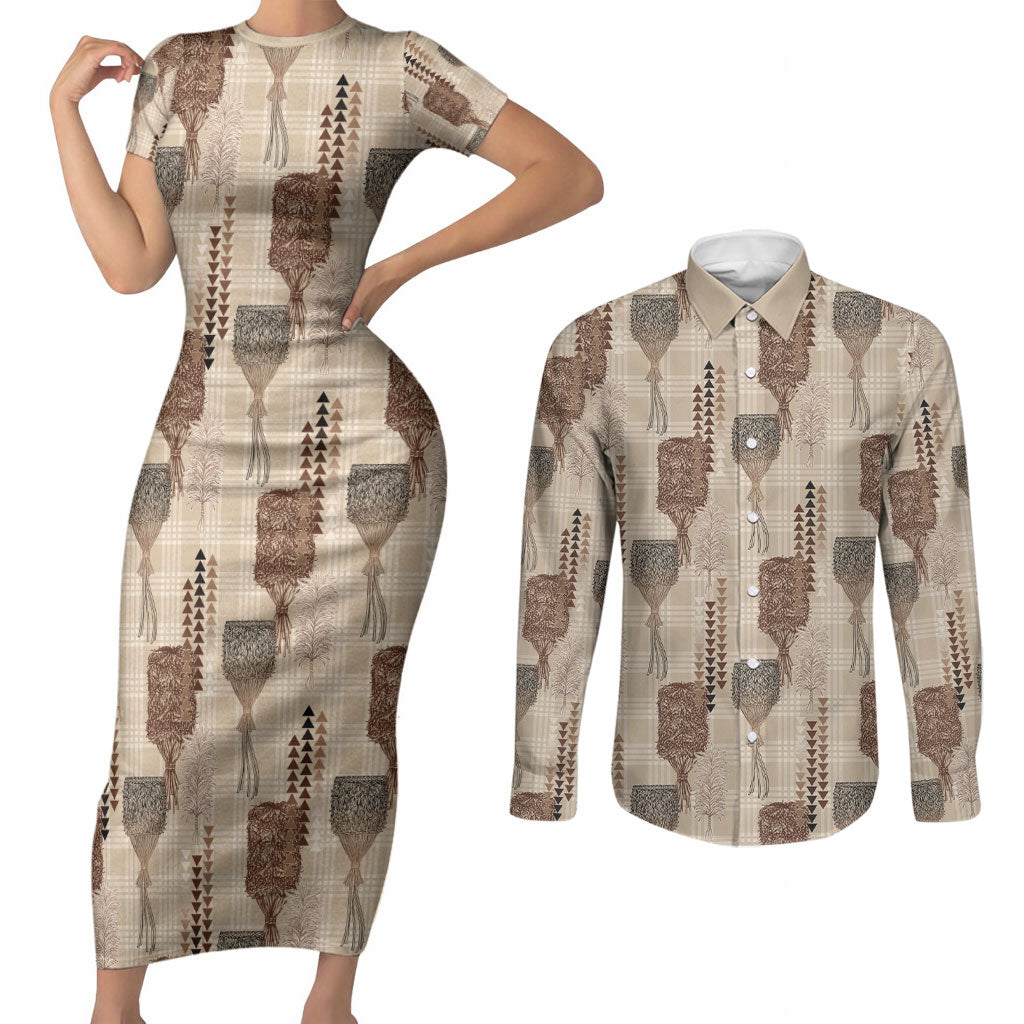 Aloha Hawaii Vintage Kahili Pa'a Lima Couples Matching Short Sleeve Bodycon Dress and Long Sleeve Button Shirt Palaka Print Cozy Beige LT7 Beige - Polynesian Pride