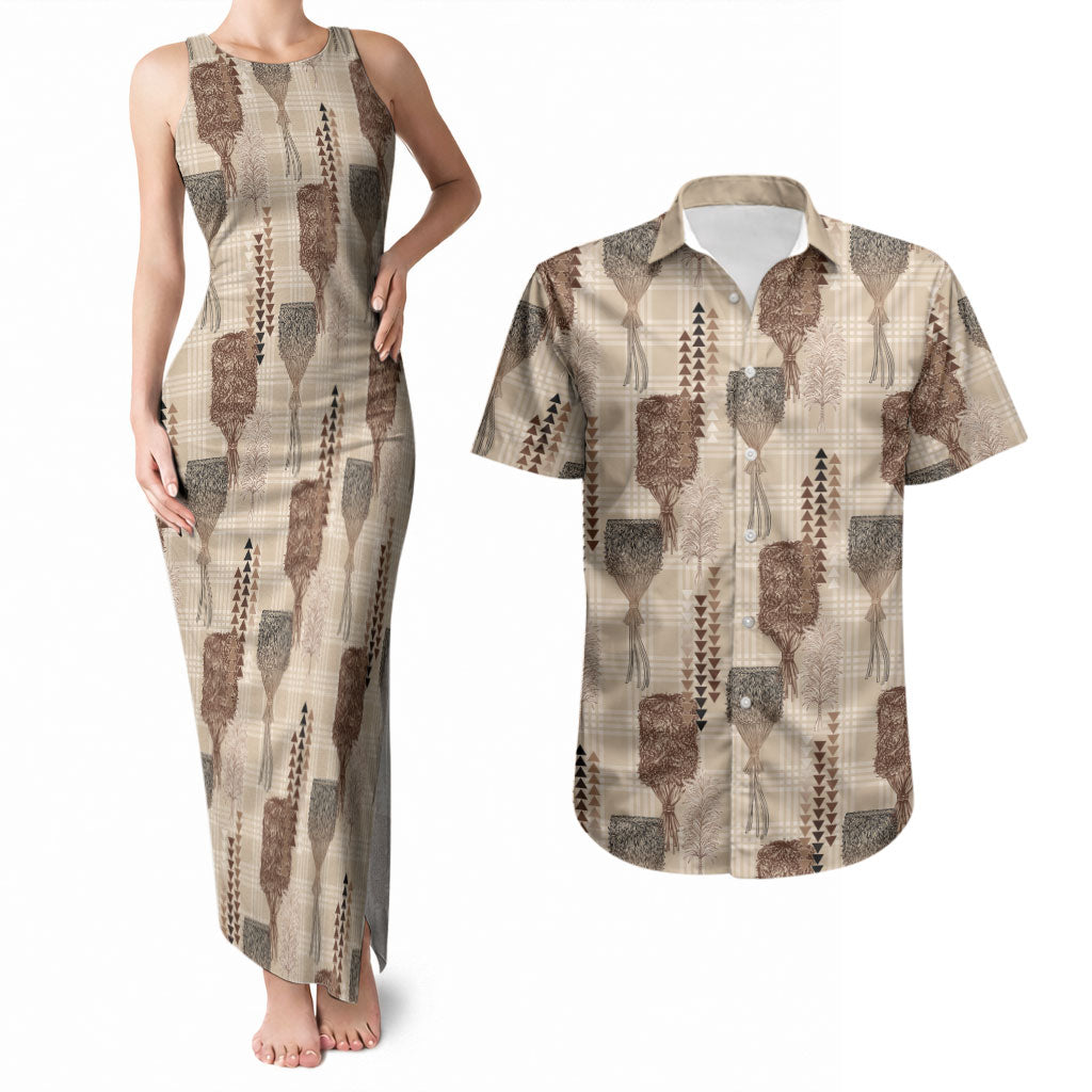 Aloha Hawaii Vintage Kahili Pa'a Lima Couples Matching Tank Maxi Dress and Hawaiian Shirt Palaka Print Cozy Beige