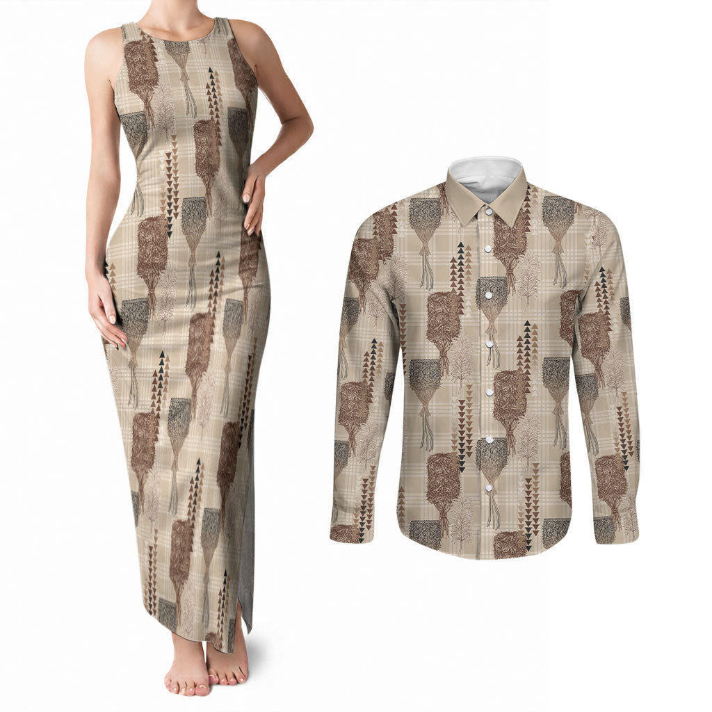 Aloha Hawaii Vintage Kahili Pa'a Lima Couples Matching Tank Maxi Dress and Long Sleeve Button Shirt Palaka Print Cozy Beige