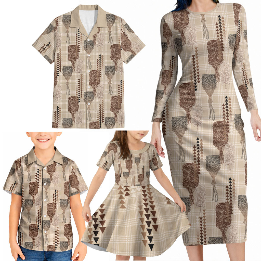 Aloha Hawaii Vintage Kahili Pa'a Lima Family Matching Long Sleeve Bodycon Dress and Hawaiian Shirt Palaka Print Cozy Beige