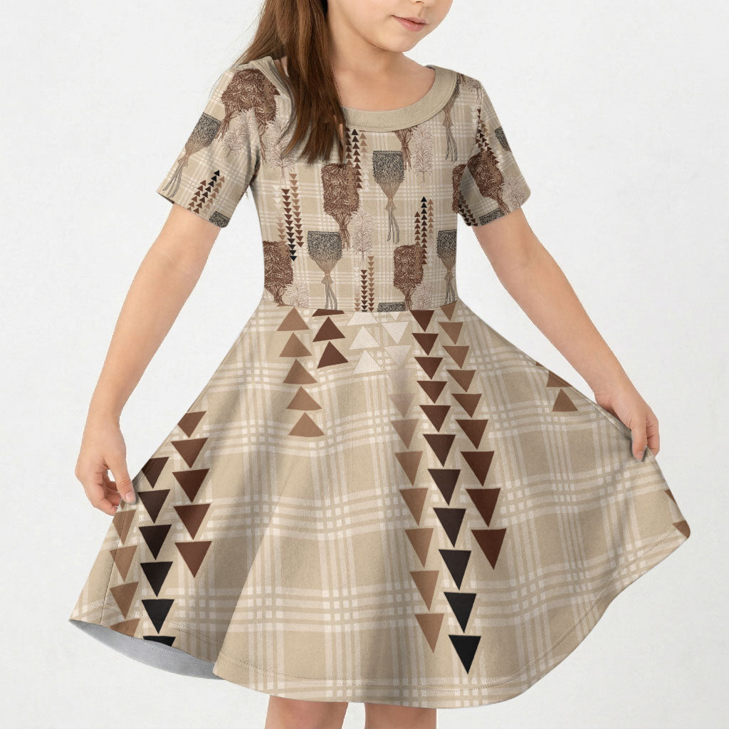 Aloha Hawaii Vintage Kahili Pa'a Lima Kid Short Sleeve Dress Palaka Print Cozy Beige