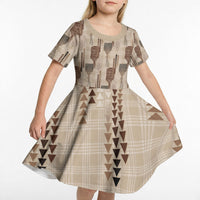 Aloha Hawaii Vintage Kahili Pa'a Lima Kid Short Sleeve Dress Palaka Print Cozy Beige