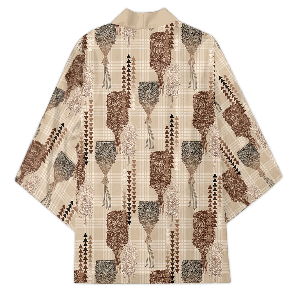 Aloha Hawaii Vintage Kahili Pa'a Lima Kimono Palaka Print Cozy Beige
