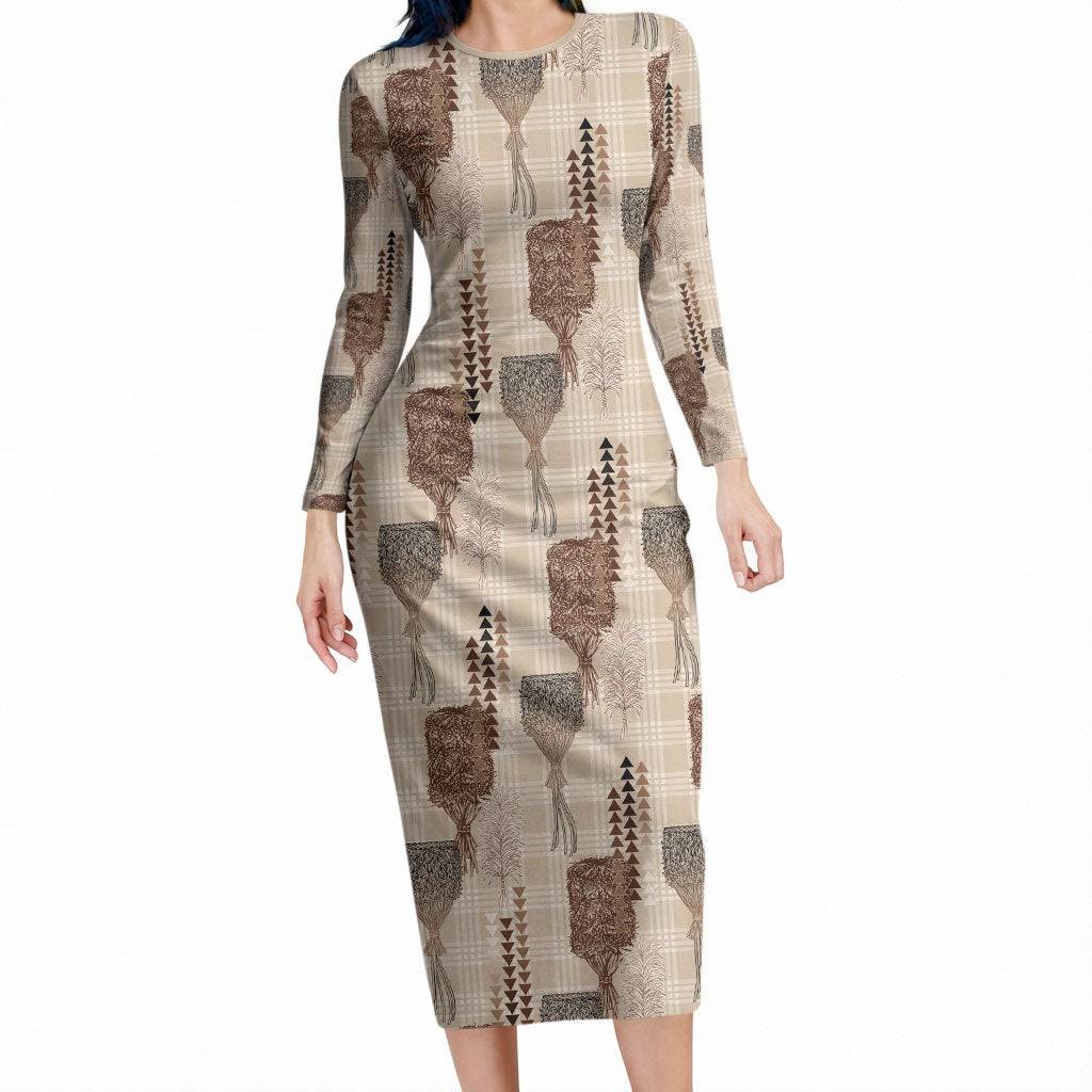 Aloha Hawaii Vintage Kahili Pa'a Lima Long Sleeve Bodycon Dress Palaka Print Cozy Beige