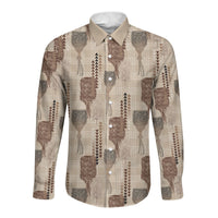 Aloha Hawaii Vintage Kahili Pa'a Lima Long Sleeve Button Shirt Palaka Print Cozy Beige