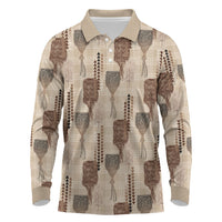 Aloha Hawaii Vintage Kahili Pa'a Lima Long Sleeve Polo Shirt Palaka Print Cozy Beige