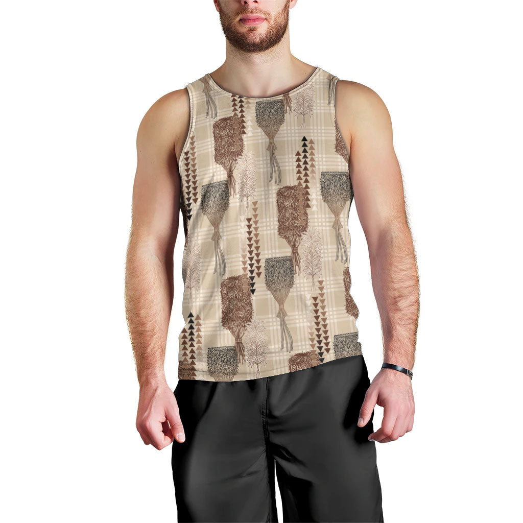 Aloha Hawaii Vintage Kahili Pa'a Lima Men Tank Top Palaka Print Cozy Beige