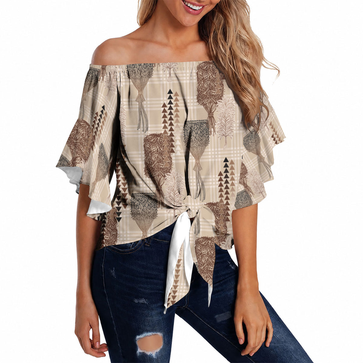 Aloha Hawaii Vintage Kahili Pa'a Lima Off Shoulder Wrap Waist Top Palaka Print Cozy Beige LT7 - Polynesian Pride