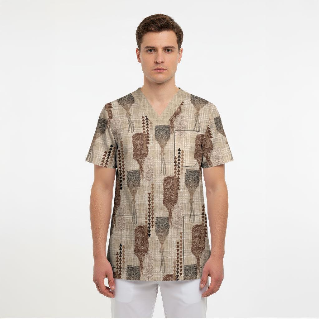 Aloha Hawaii Vintage Kahili Pa'a Lima Scrub Top Palaka Print Cozy Beige