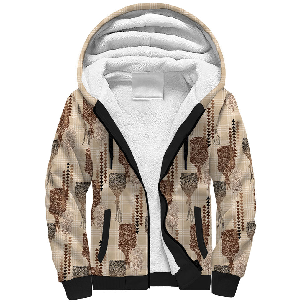 Aloha Hawaii Vintage Kahili Pa'a Lima Sherpa Hoodie Palaka Print Cozy Beige